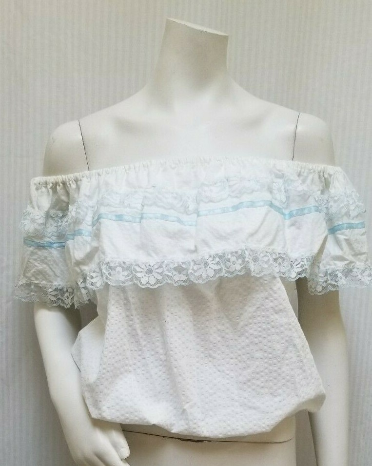 Vintage White Seersucker w Blue Lace Off Shoulder Top – Size L