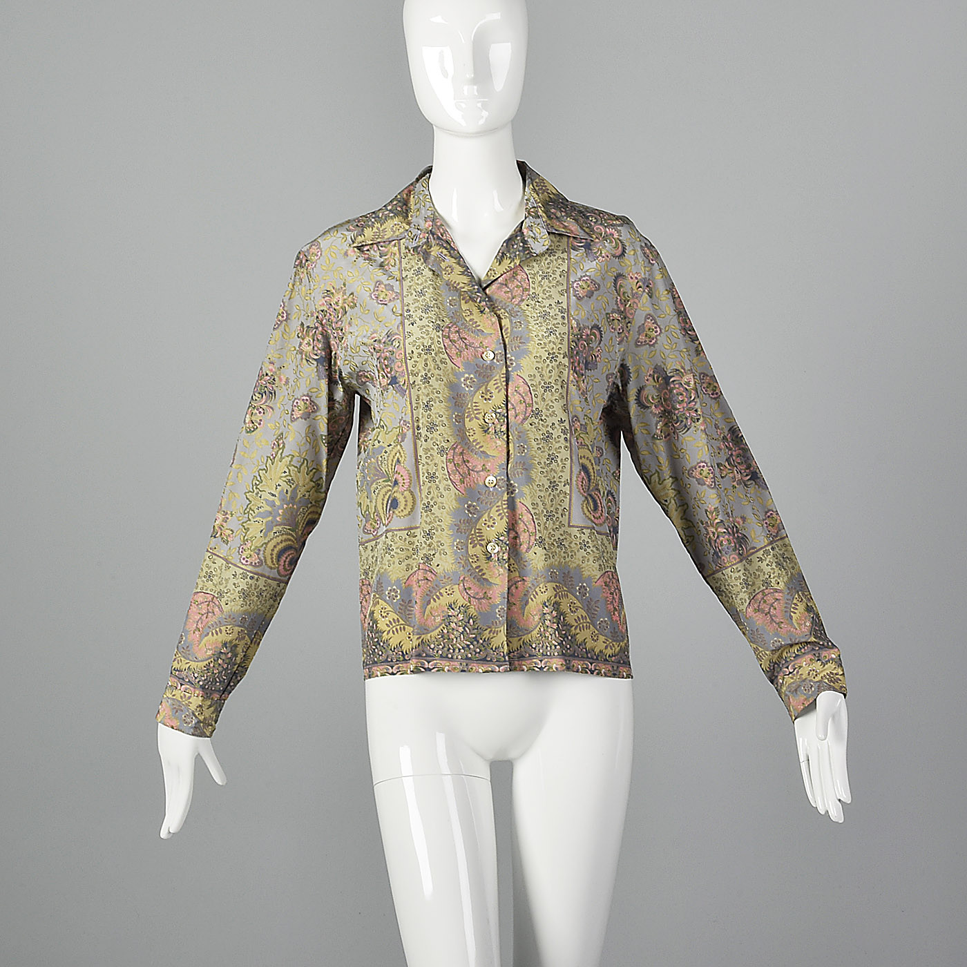 Large 1970s Byblos Silk Blouse Grey Baroque Print VTG Metallic Gold Button Up