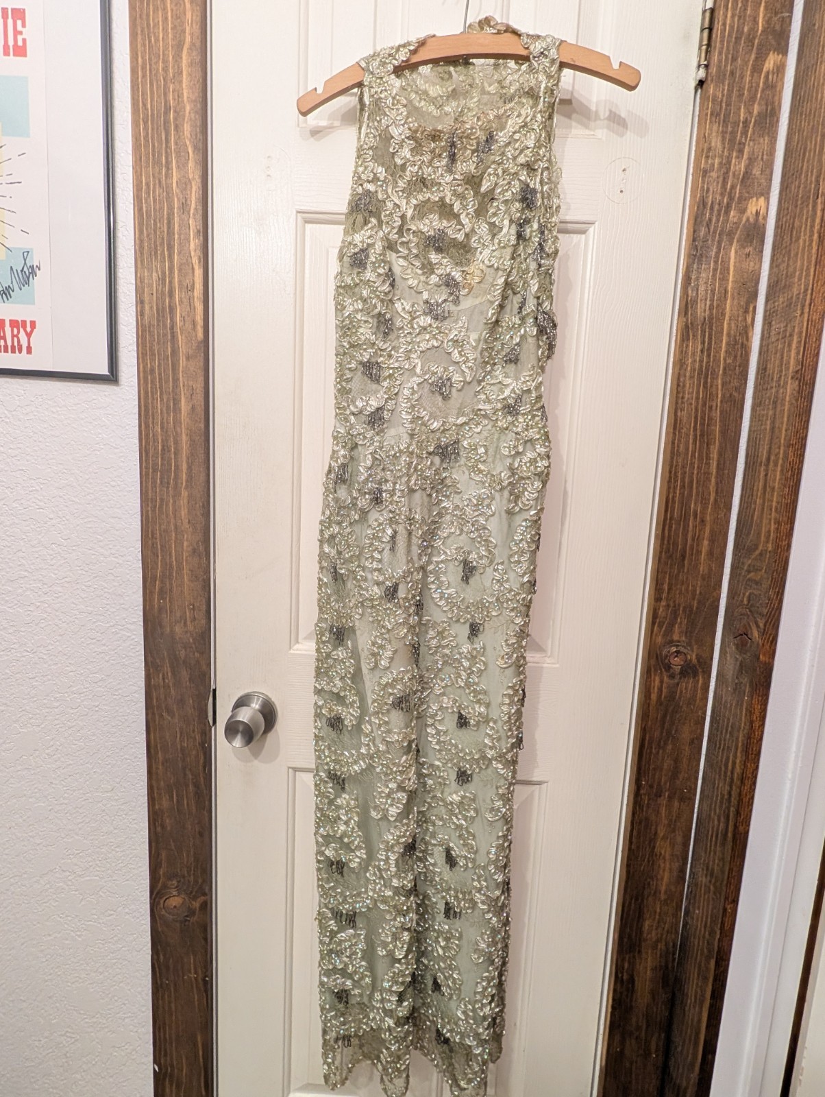 Vintage Handmade Green Beaded Evening Gown Size 0 w/ Coat Fur Accessories AS IS