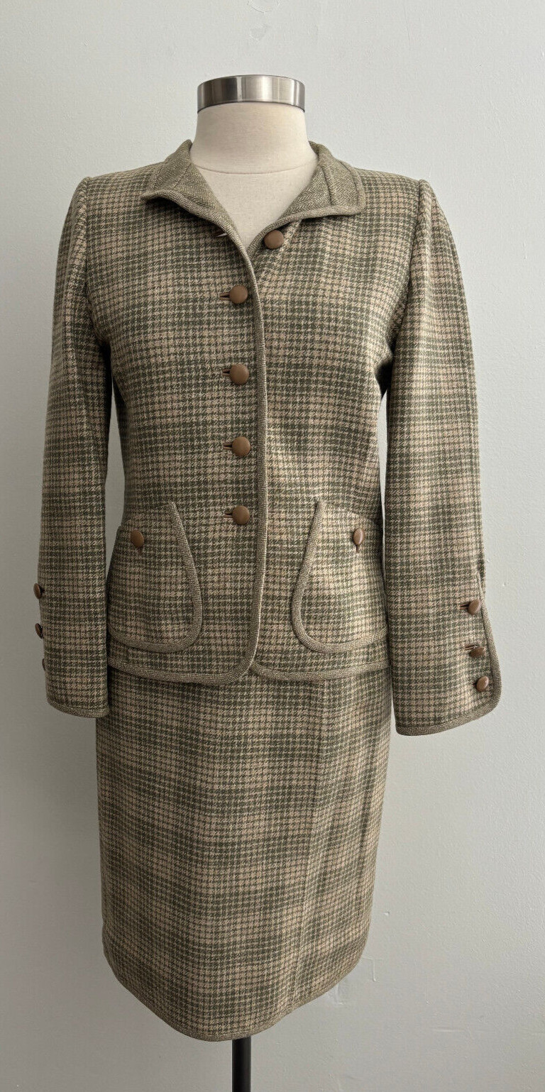 Vintage Oscar de la Renta Wool Silk Cashmere Blend Plaid Skirt Suit sz 8 Italy