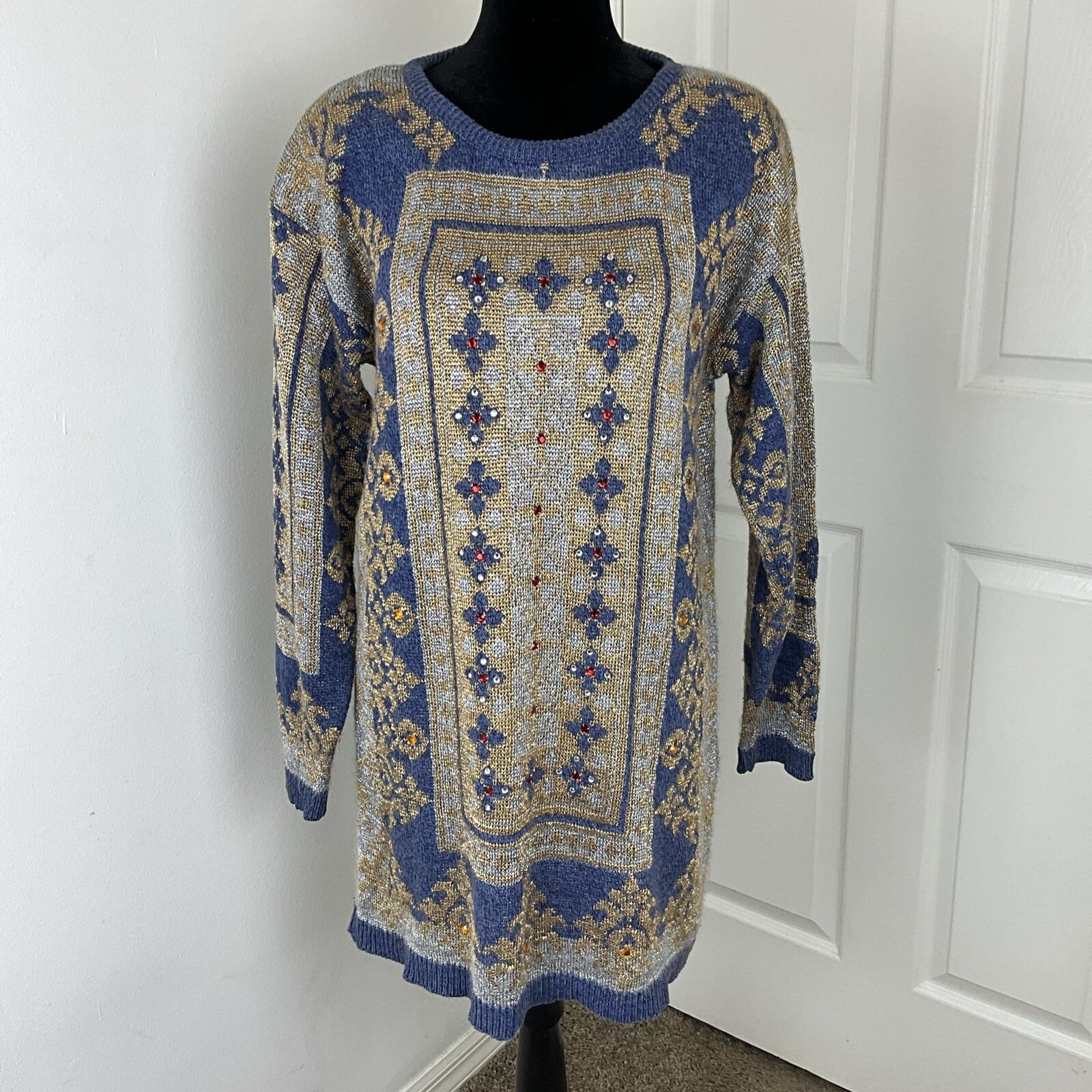 Vtg david david blue Metallic Gold Rhinestone Tunic Long Sleeve Dress Small
