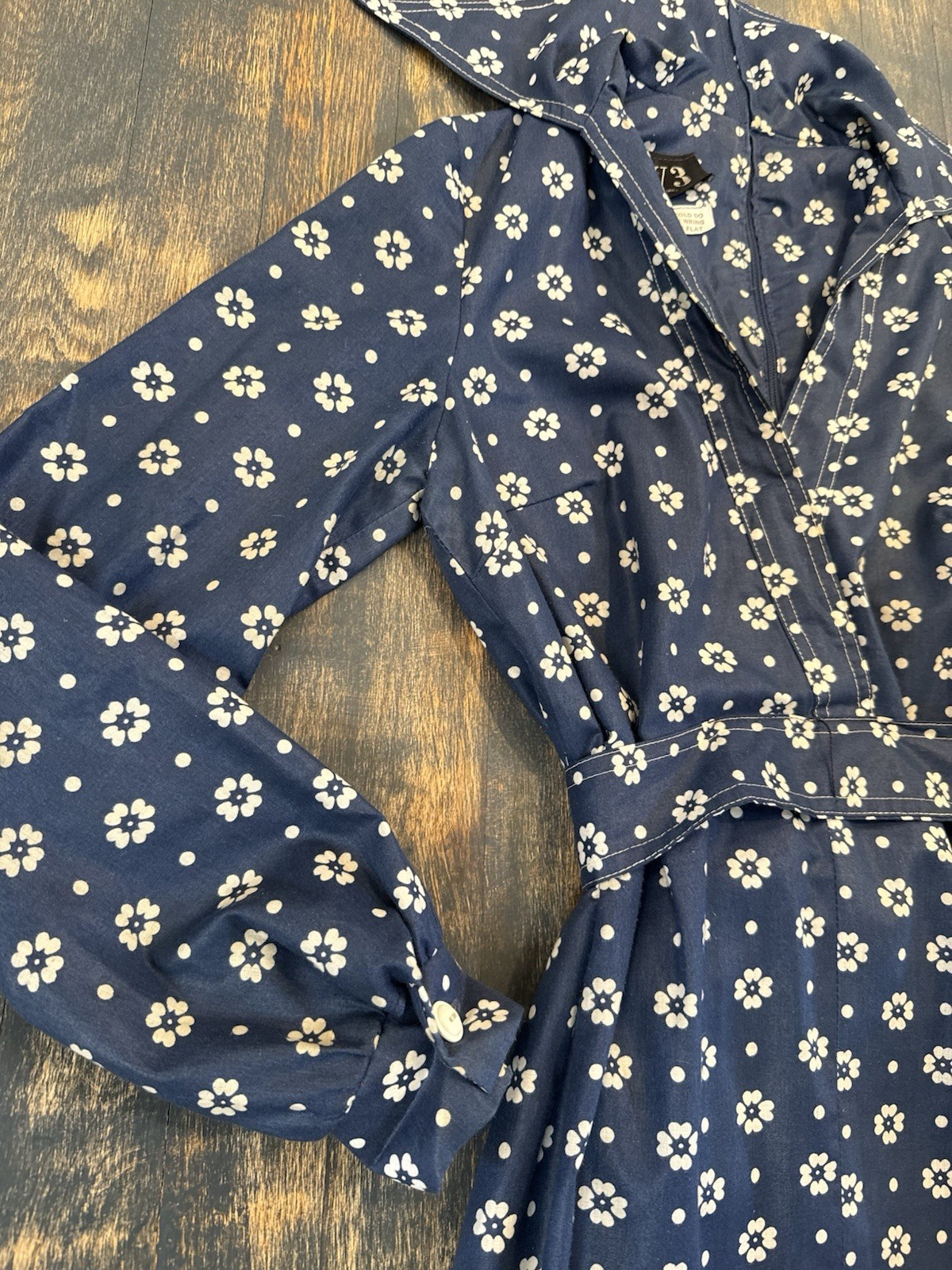 Vintage 1970s DW3 David Warren Collared Dress Navy & White Floral Belted Sz S/M