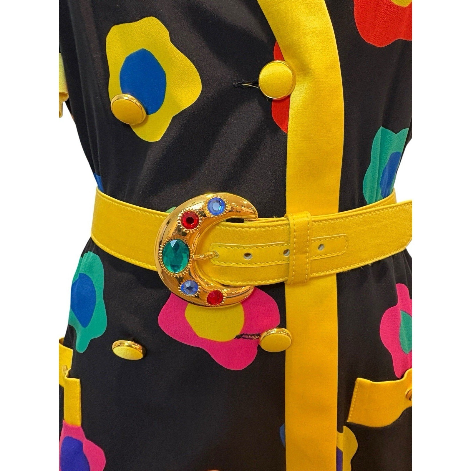 VTG Escada Margaretha Ley Silk Novelty Print Dress Jewel Belt Sz 40 Pop Art Mod