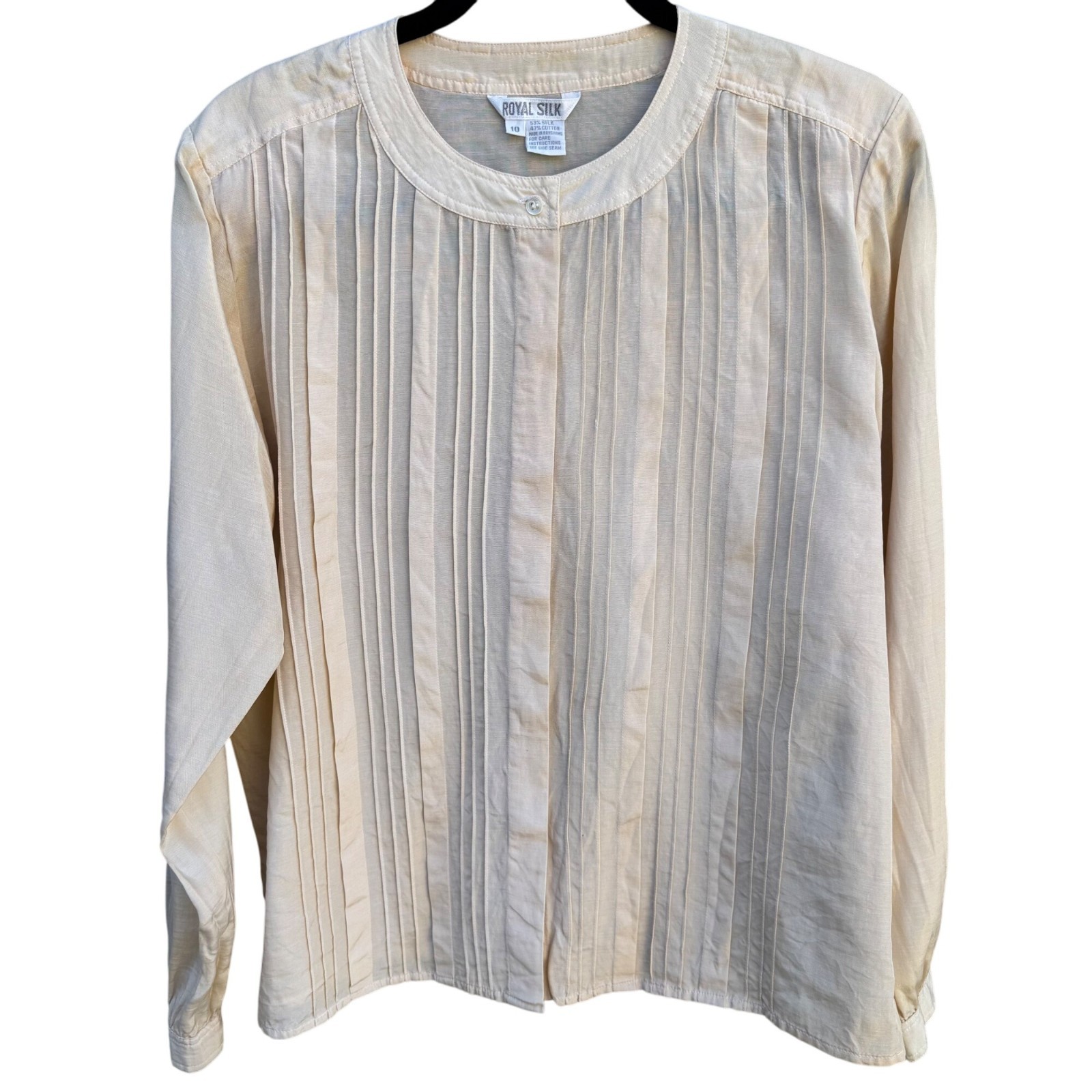 Royal Silk Vintage 80s Silk Cotton Pleated Old Money Blouse Ivory Womens 10