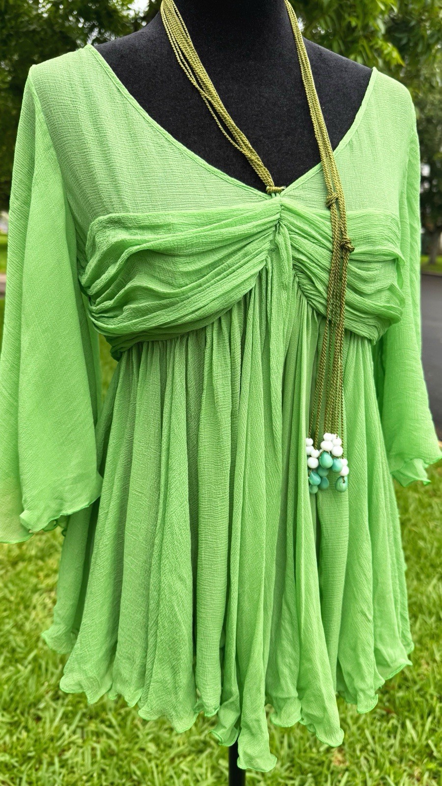 Authentic CHLOE Gazon Green Silk Sheer Ruffle Blouse Boho Fairycore Designer Vtg