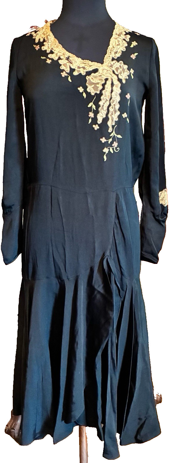 1920&rsquo;S Flapper Drop Waist Afternoon Dress Asymmetrical Lace Embroidery Silk