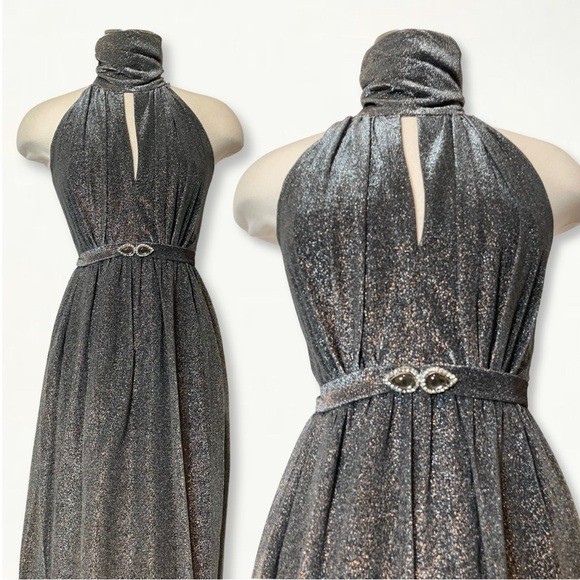 Vintage 1970s Silver Metallic Studio 54 Keyhole Jewel Belted Halter Maxi Dress