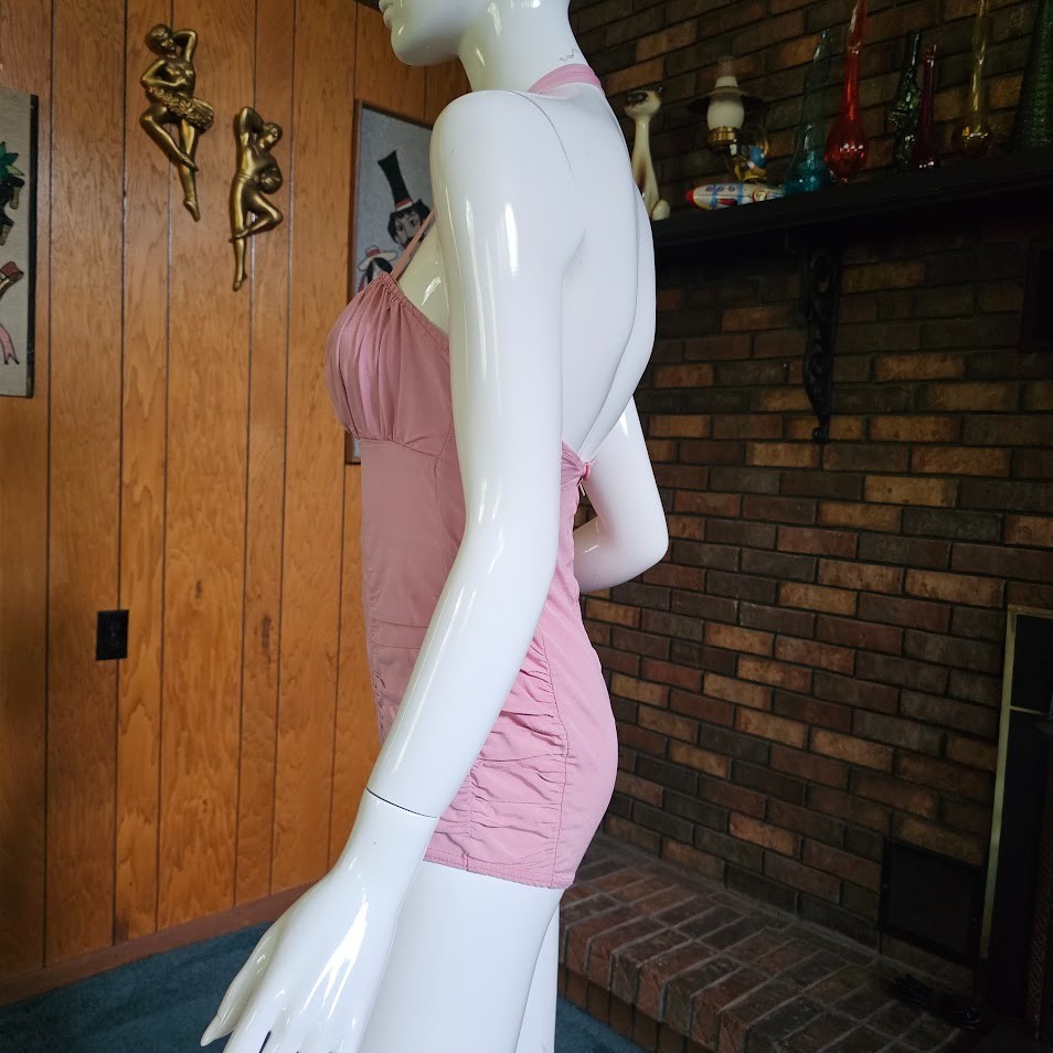 Vtg 50s Pink Ruched Sea Nymph Bombshell Halter Swim Bathing Glamour Suit XS/S