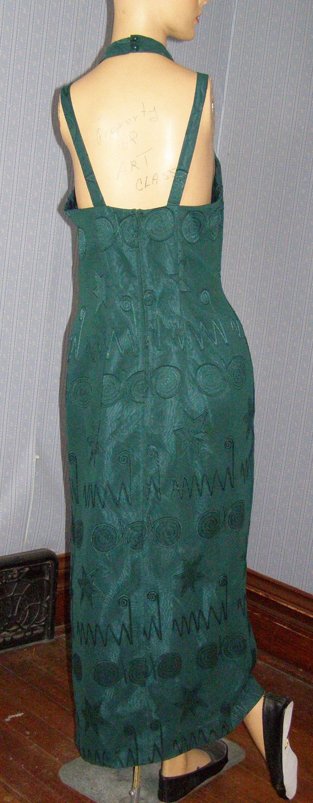 Vintage 90&rsquo;s forest green EMBOSSED SHAPES evening dress M L TRIBAL art deco