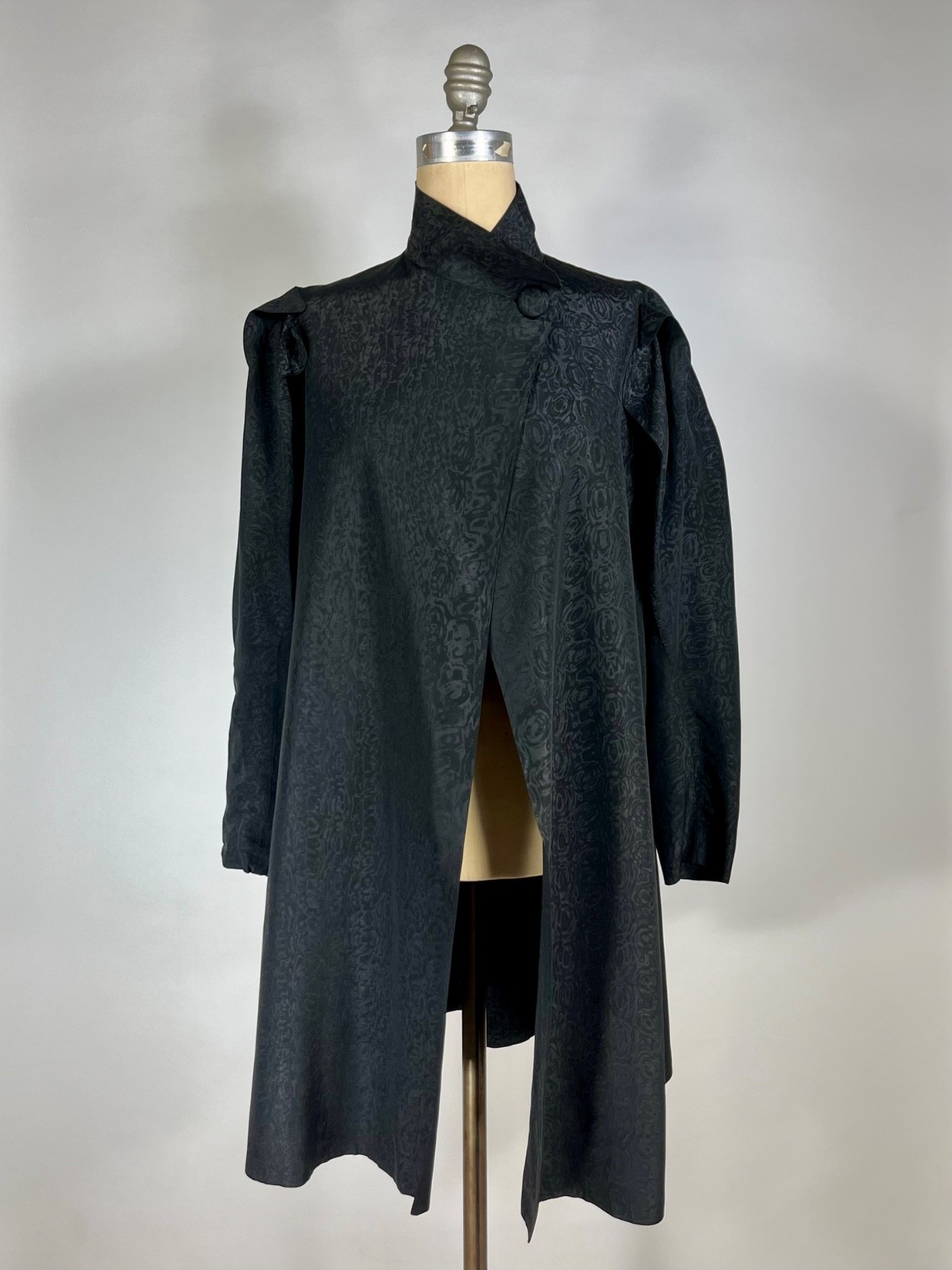 Vintage 1930&rsquo;s black double-faced MOIRE SILK opera coat w/unique shoulder design