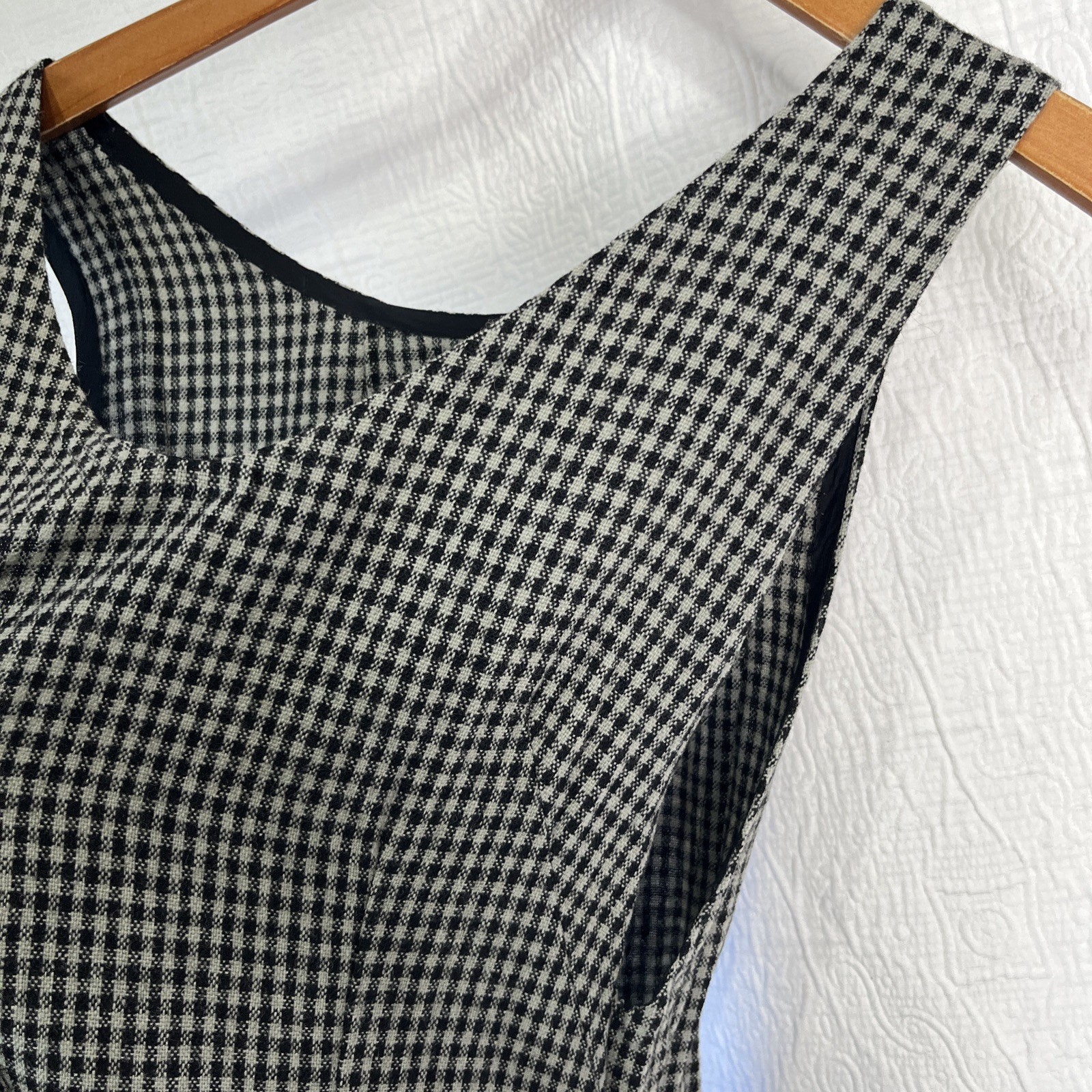 Vintage Wool Gingham Plaid Jumper Dress Pinafore Black Grey Homemade Pullover M