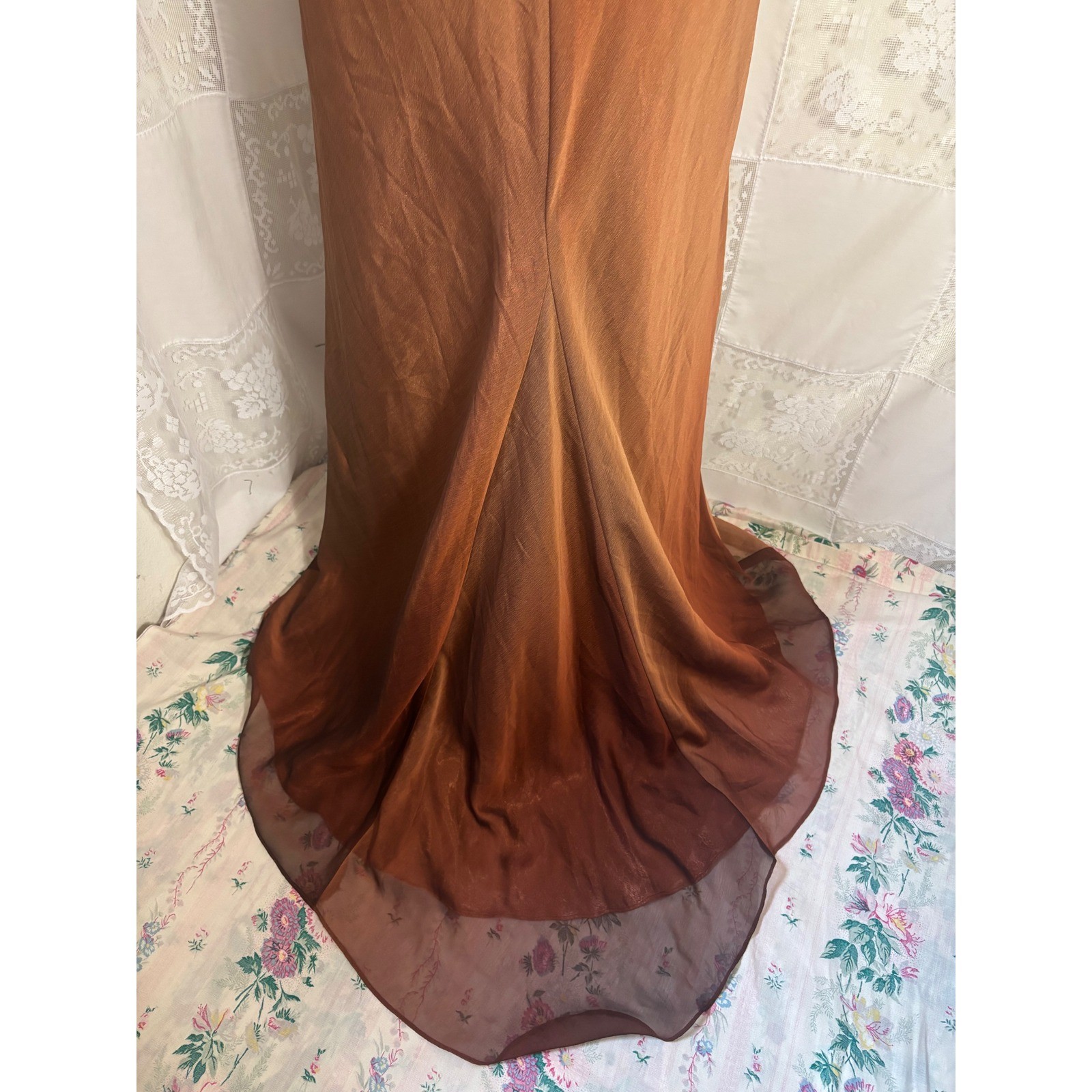 VTG Brown Copper Ombre Plunge Neck Halter Beaded Floor Length Gown Size XS
