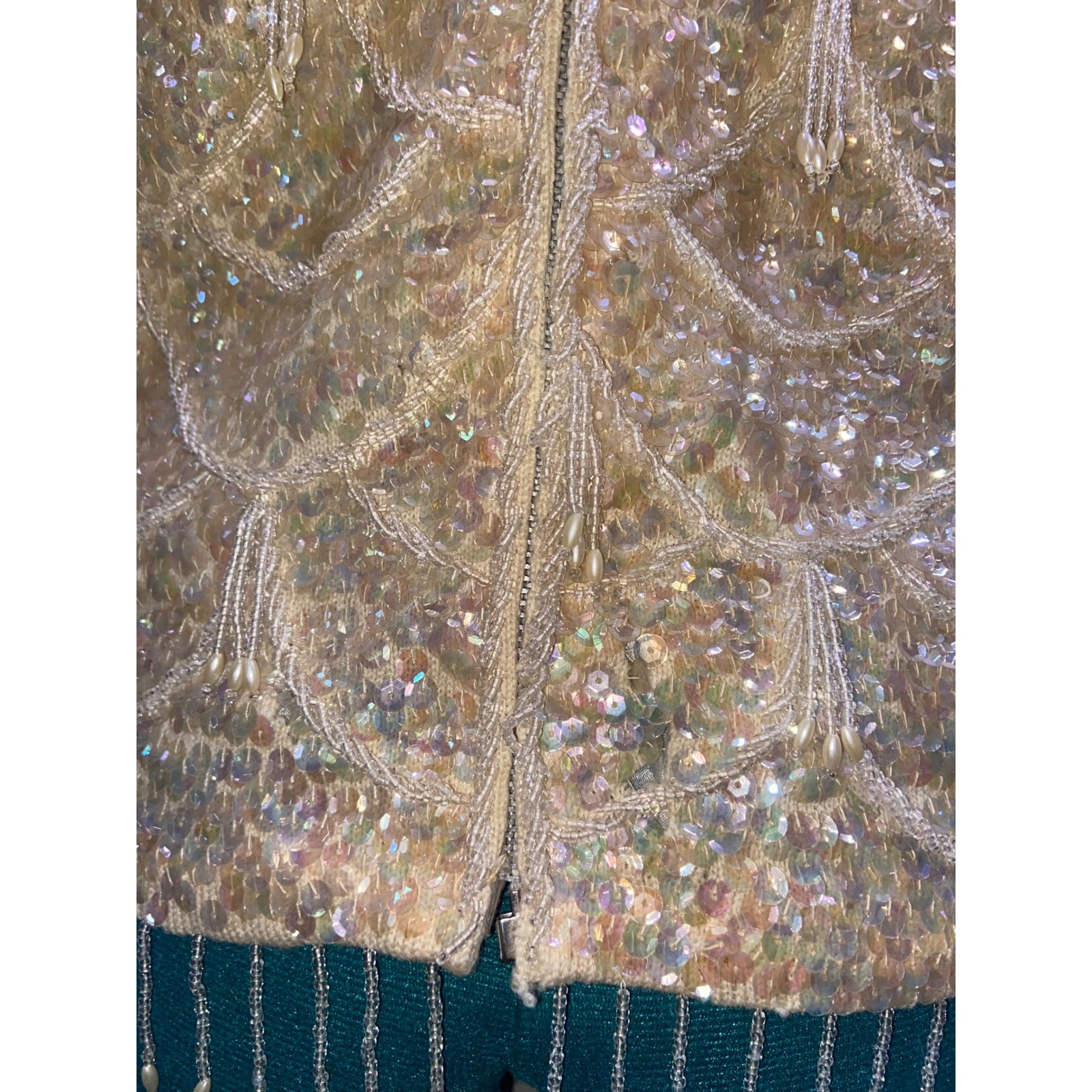Authentic Vintage 1960s Hand Beaded Iridescent Scalloped Tank with Beaded Fringe