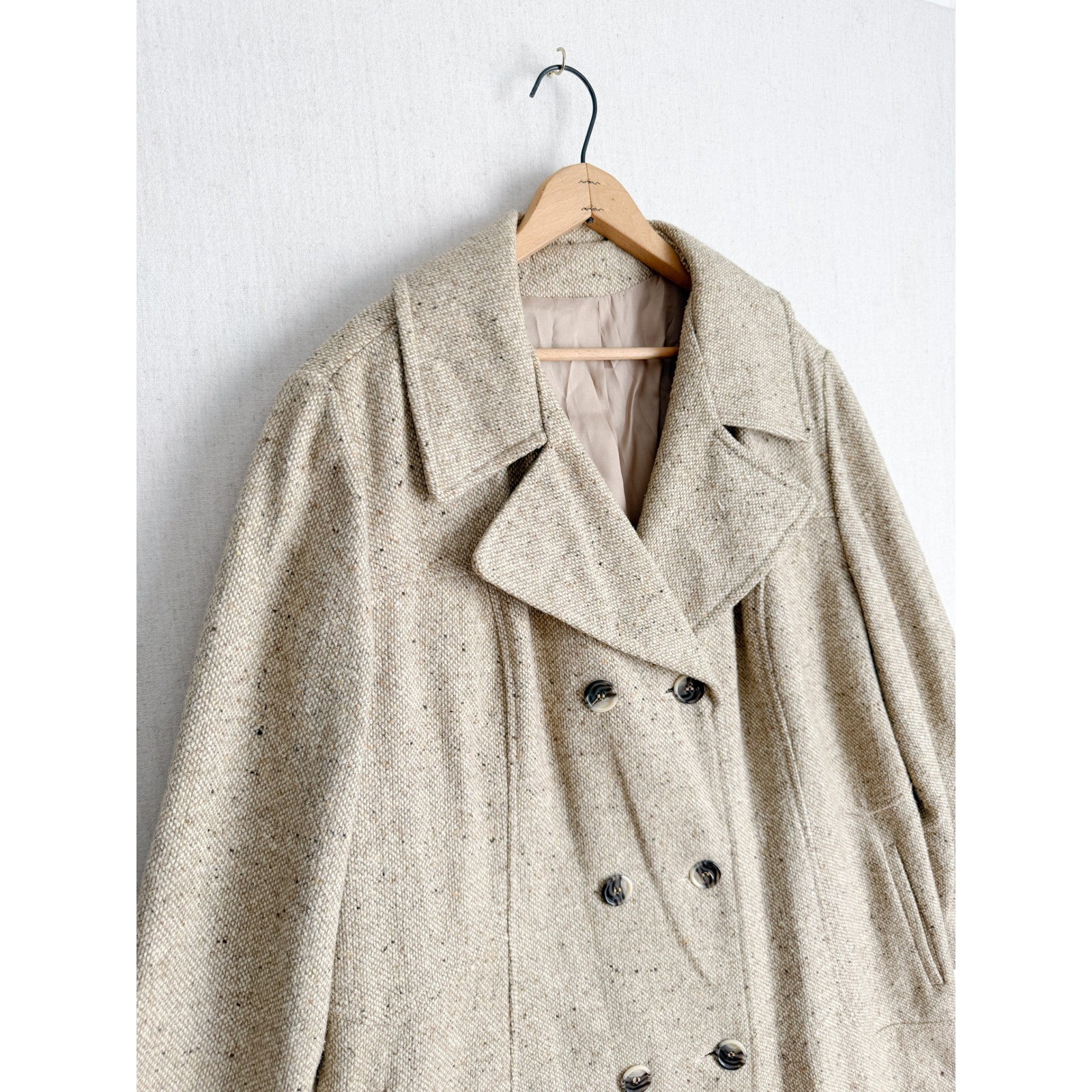 Vintage Oatmeal Tweed Double Breasted Long Coat Gold Back Detail Beige Womens