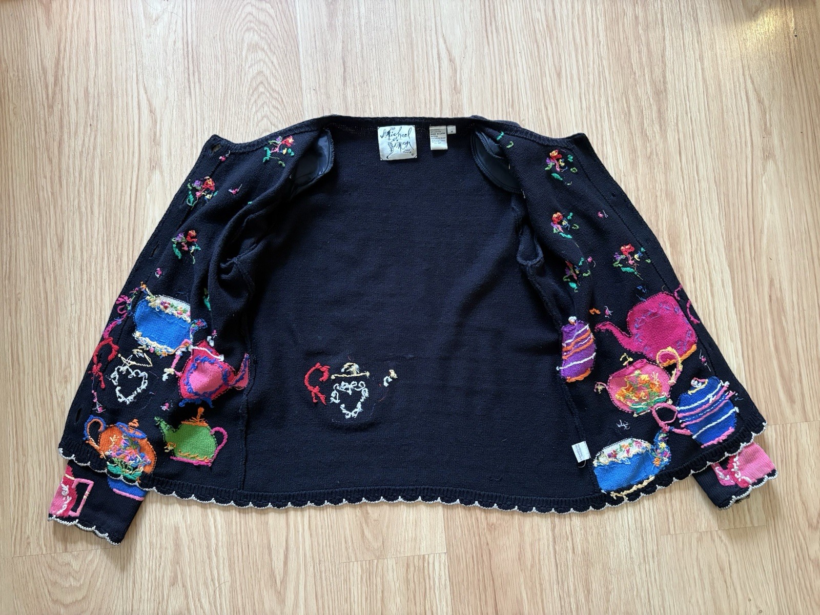 Vintage Michael Simon Tea Party novelty art to wear embroidered cardigan sz M