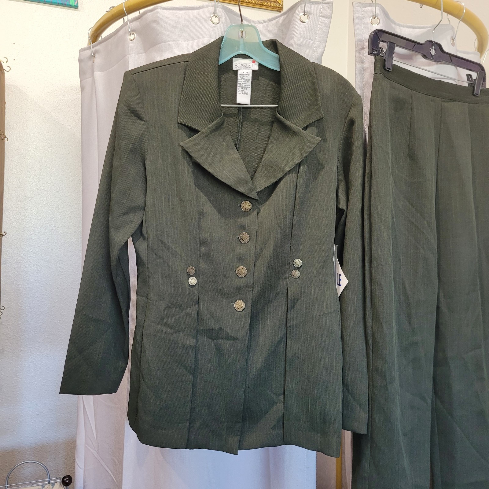 Vintage 90s Women&rsquo;s Olive Green Blazer Pant Suit Set Copper Button By Scarlett M