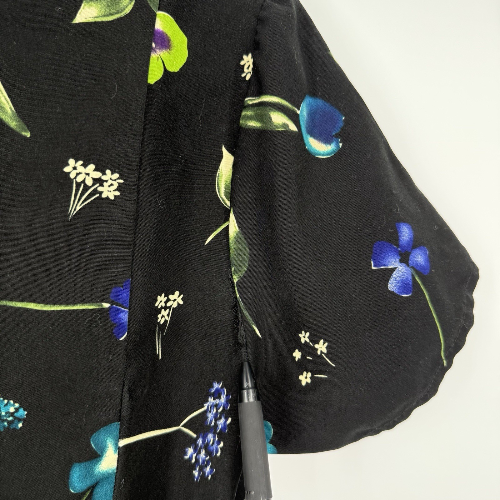 Vintage 90s Basic Editions Black Wrap Dress with Floral and Fruit Print Size 12