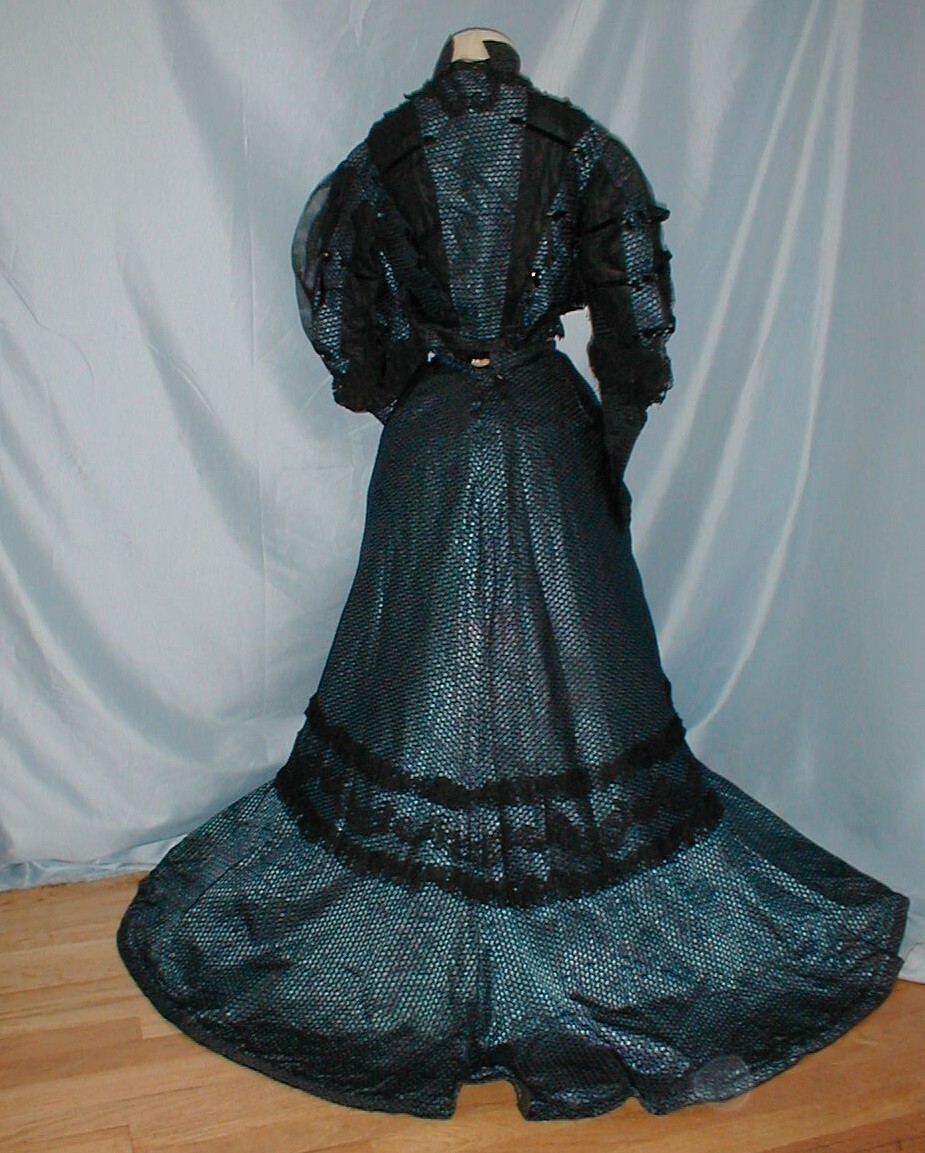 Ornate Antique Dress Victorian 1890&rsquo;s Blue and Black Print Silk Lavish Trims