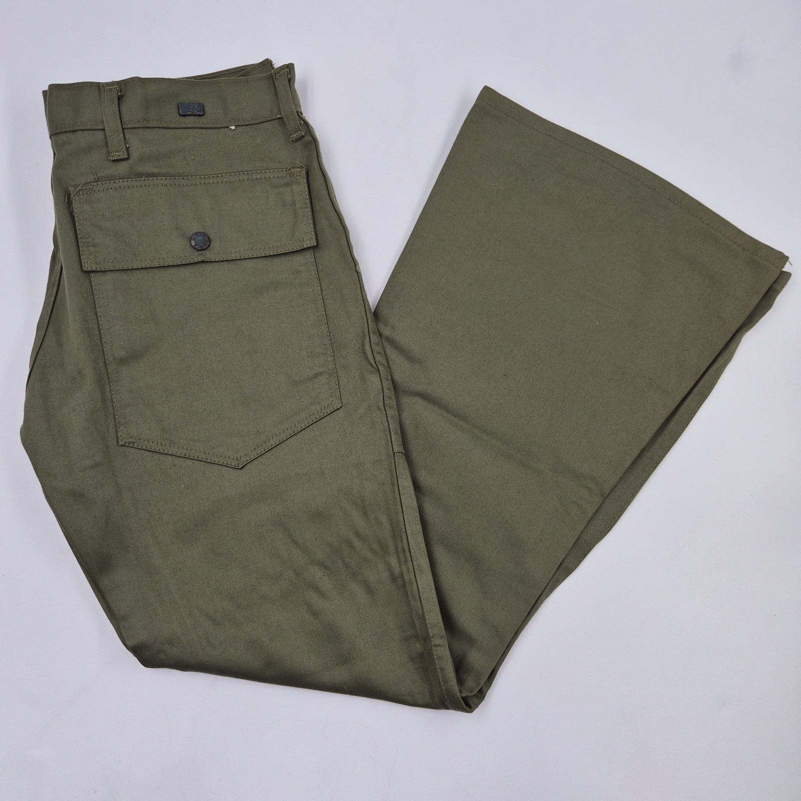 Vintage 60s 70s Cheap Jeans Army Camo Green Flared Khaki Pants 32×28 Military