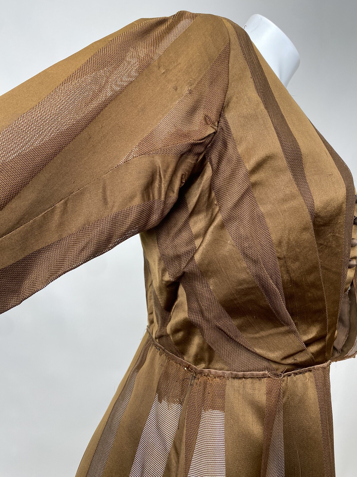 Brown Silk Net Striped Antique Victorian Walking Dress Edwardian 1900s AS IS