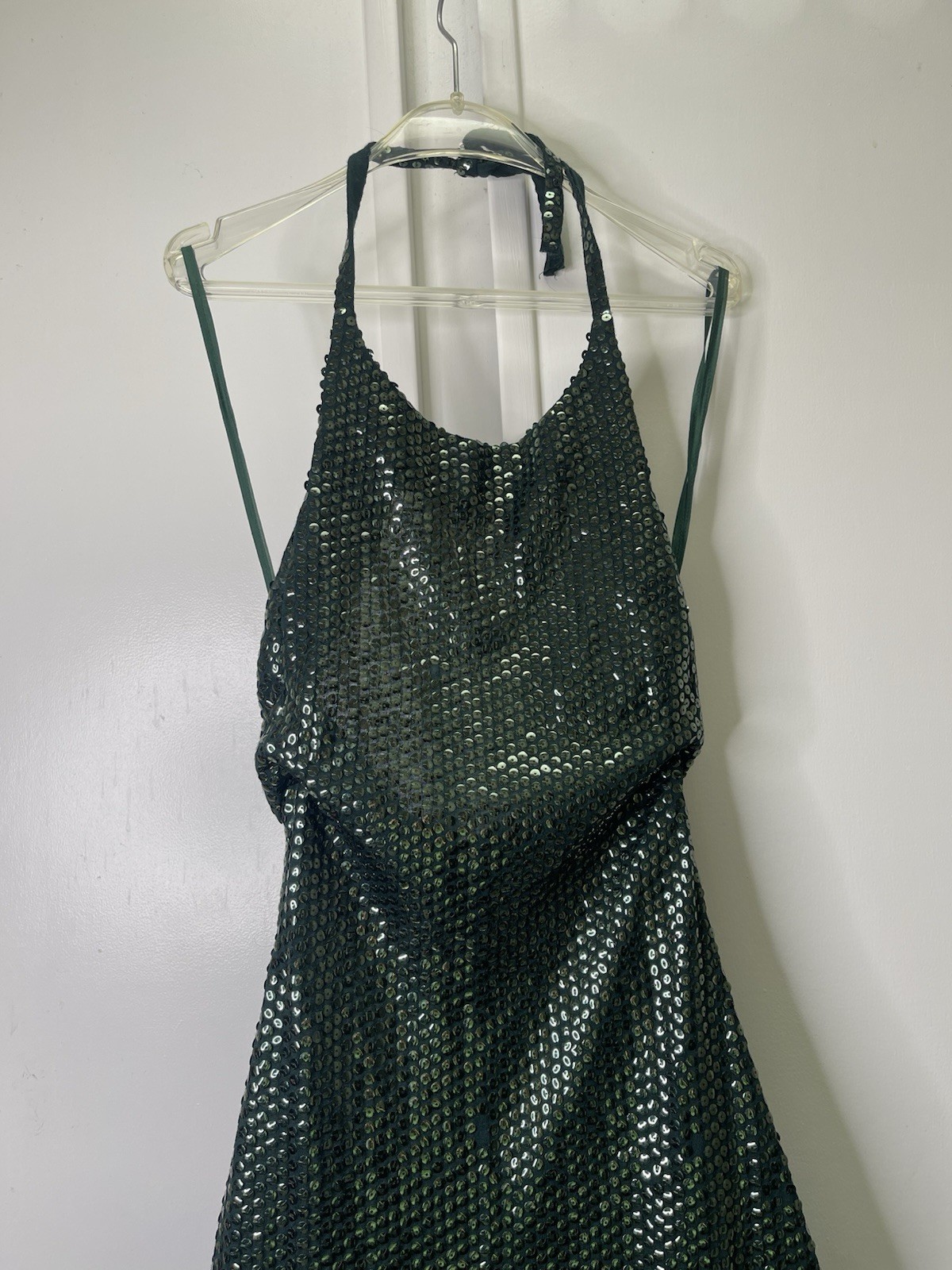 Vtg 70s Emerald Green Sequin Halter Maxi Dress ILGWU Union Made Disco Glam XS/S