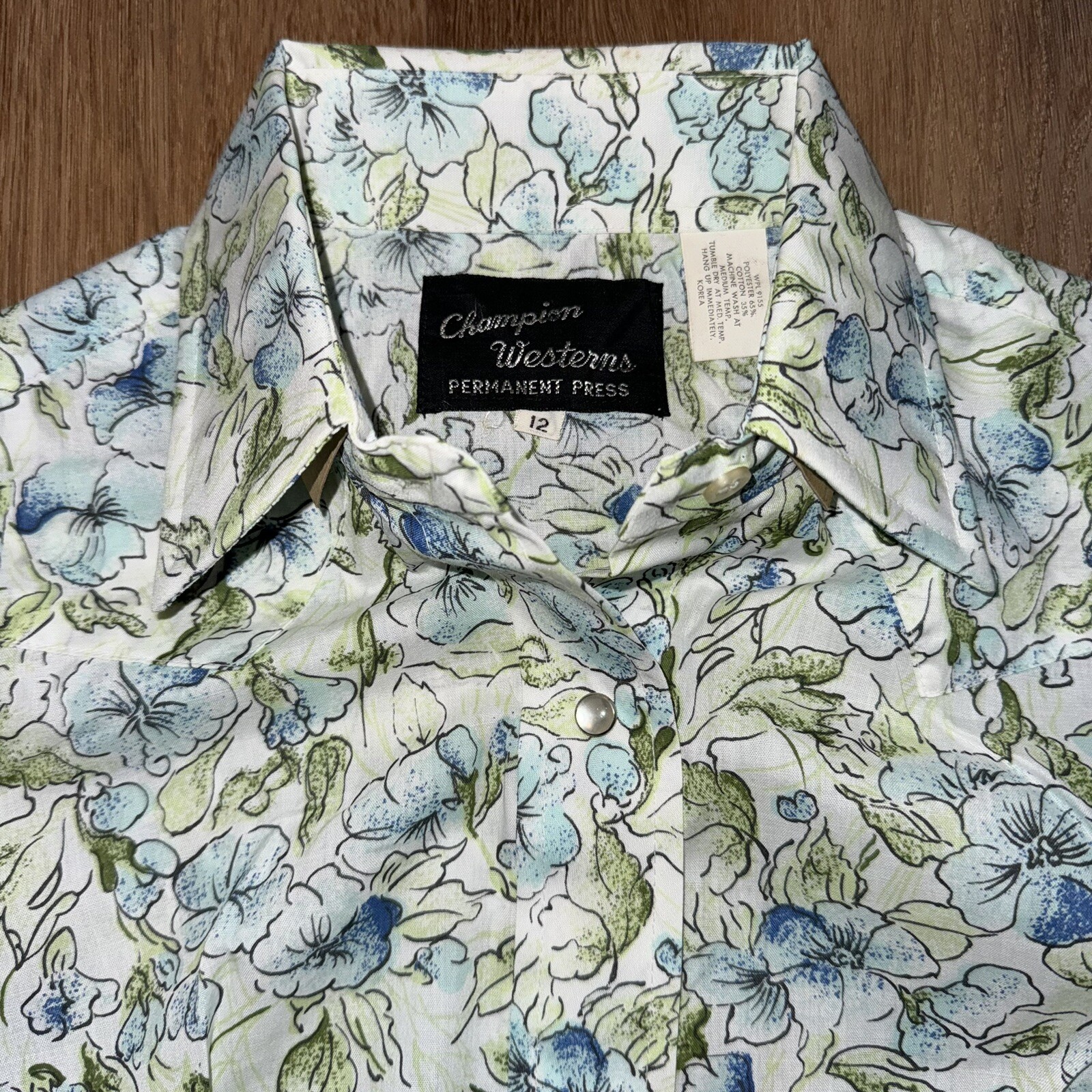 Vtg Champions Pearl Snap Western Shirt Womens 12 60s 70s Floral Rockabilly Disco