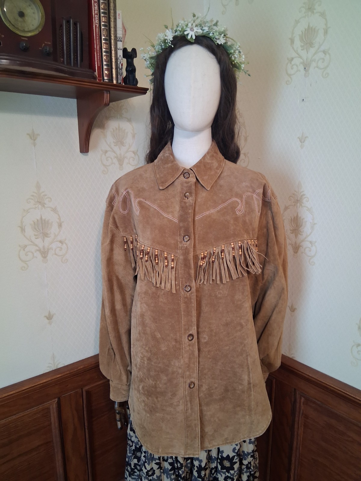 Vintage 1990s Comint Brown Suede Fringed Beaded Hippie Western Grunge Coat