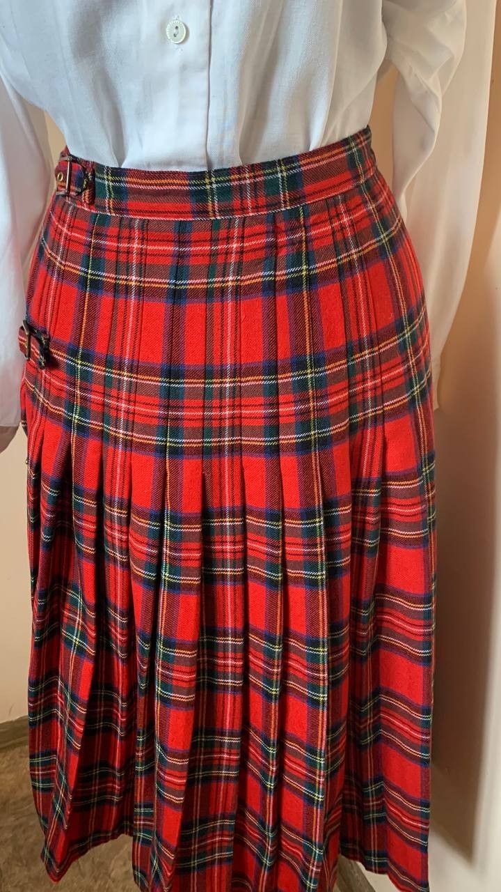 Vintage HIRSCH Scottish Kilt Skirt Pure New Wool Red Tartan Plaid Pleated EU 38
