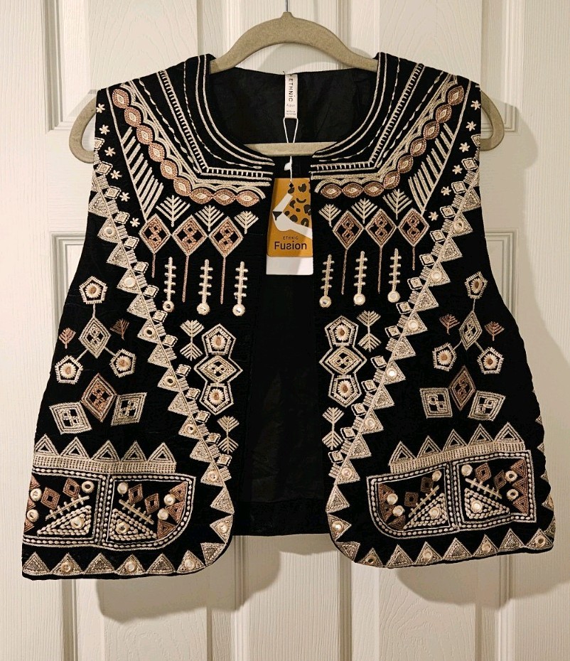 Black Velvet Mirror Work Embroidered Ethnic Vest Waistcoat New With Tags Boho