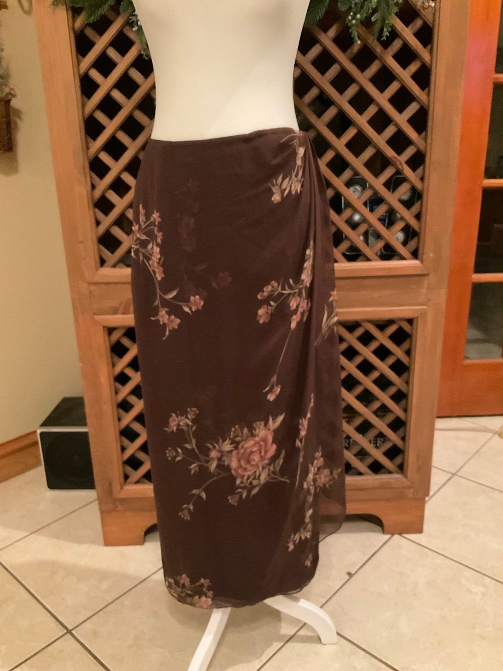 Vintage Emanuel Ungaro Silk Brown Floral Wrap Midi Skirt Small