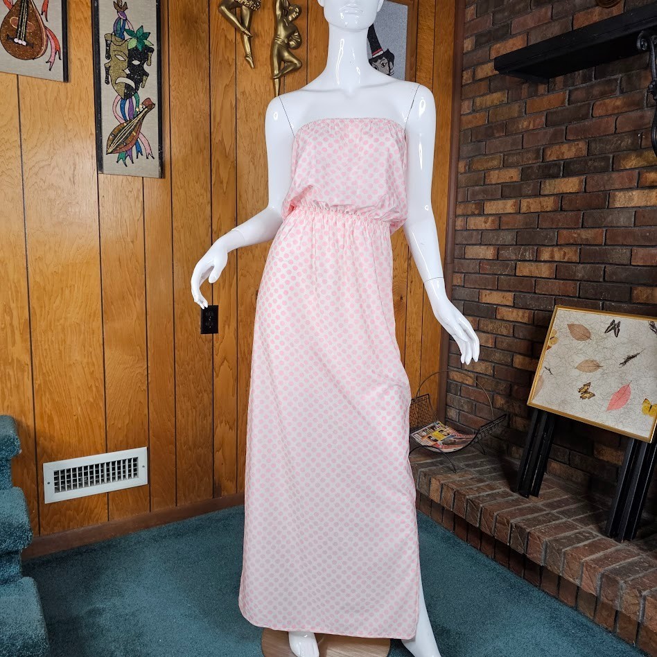 Vintage 70s Bubblegum Pink Polka Dot Tube Top Sundress Maxi Strapless Dress S/M