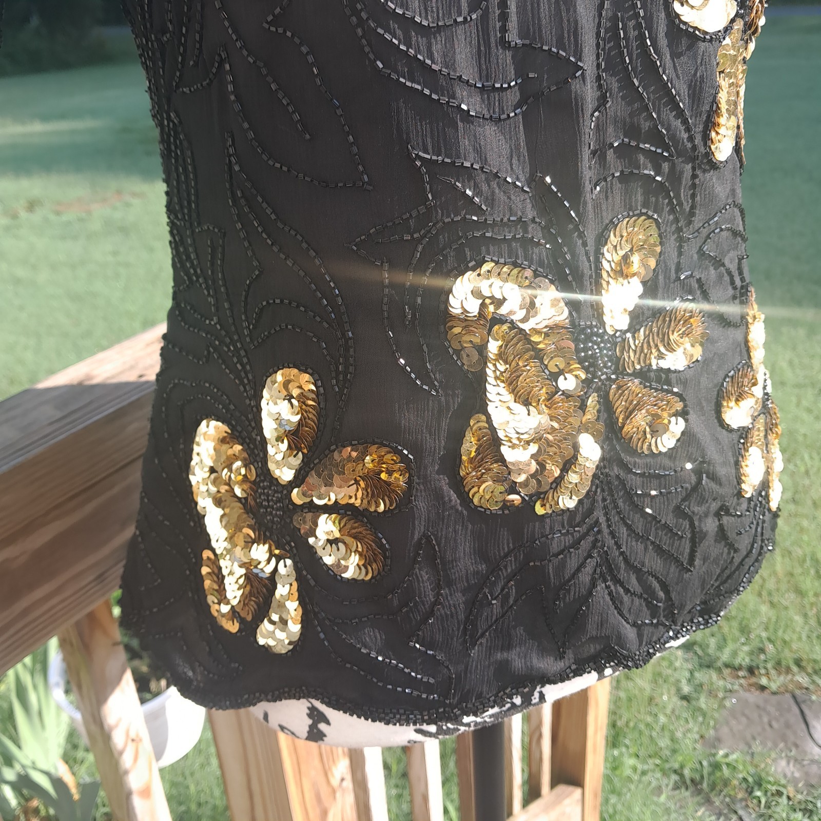 Vintage Stenay Silk Sequin Beaded Top Small Floral Black Gold Regency Goth Event