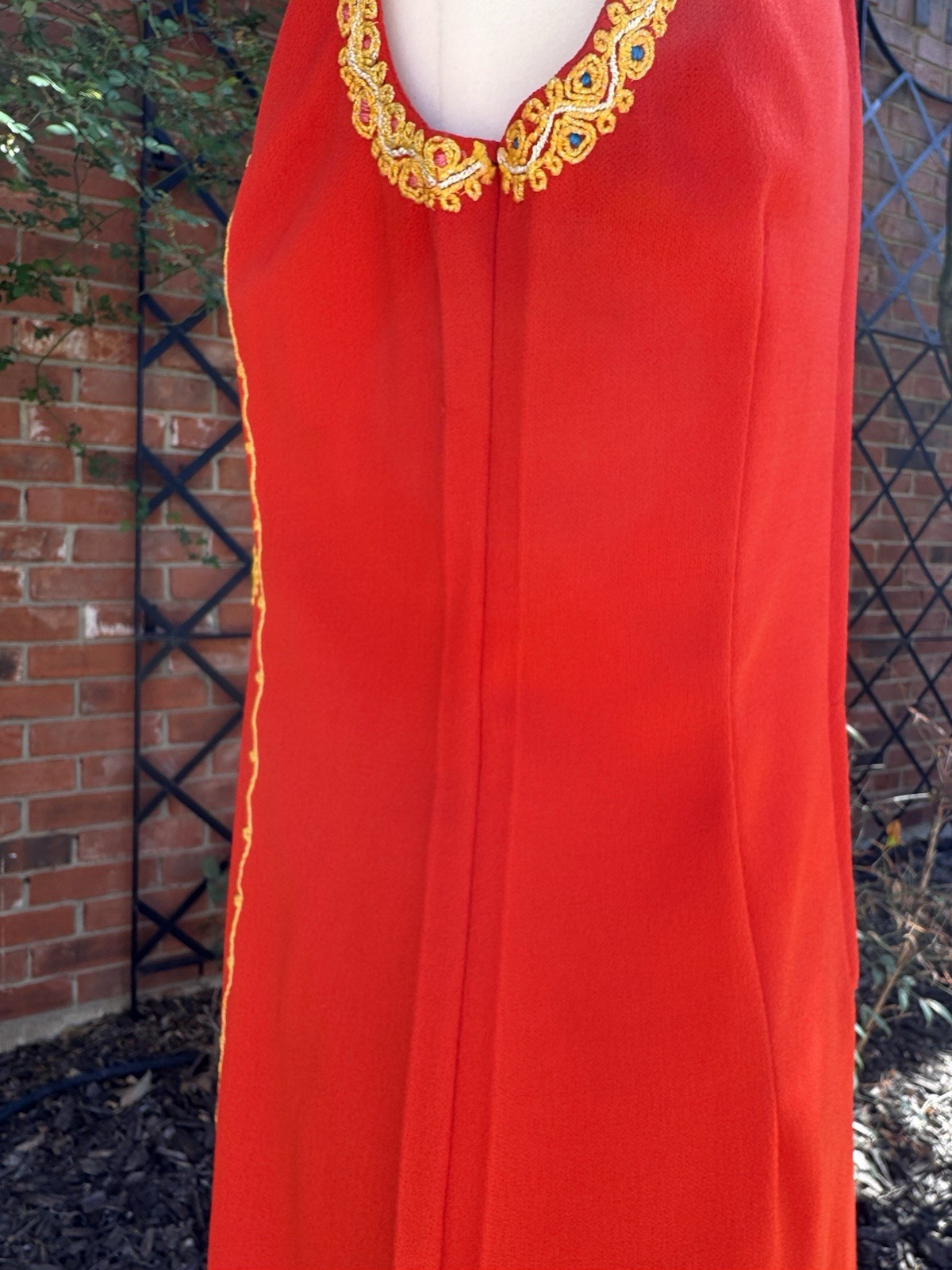 Vintage 1960s Red Hostess Column Maxi Dress With Gold Soutache Embroidery Size M