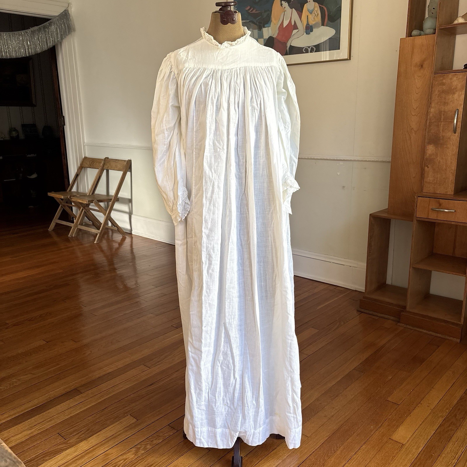 Antique White Cotton Night Gown With Lace Details Long Sleeve Full Length As Is