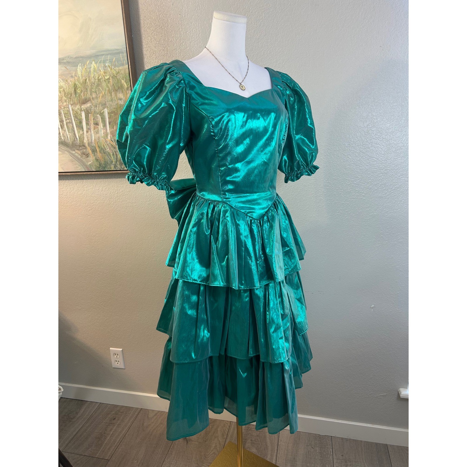 Vintage 80s Metallic Teal Green Puff Sleeve Tiered Ruffle Party Dress Large Bow