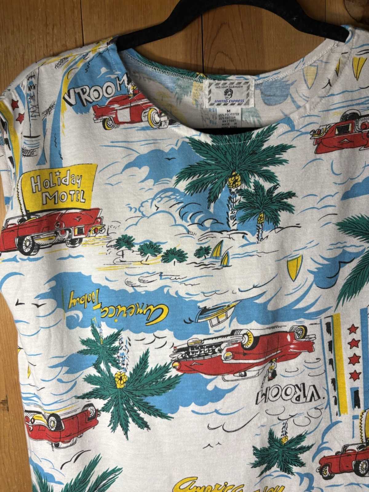 Vtg 80&prime; Instant Glamour Limited Express Cotton Graphic Tee Holiday Motel Cars M