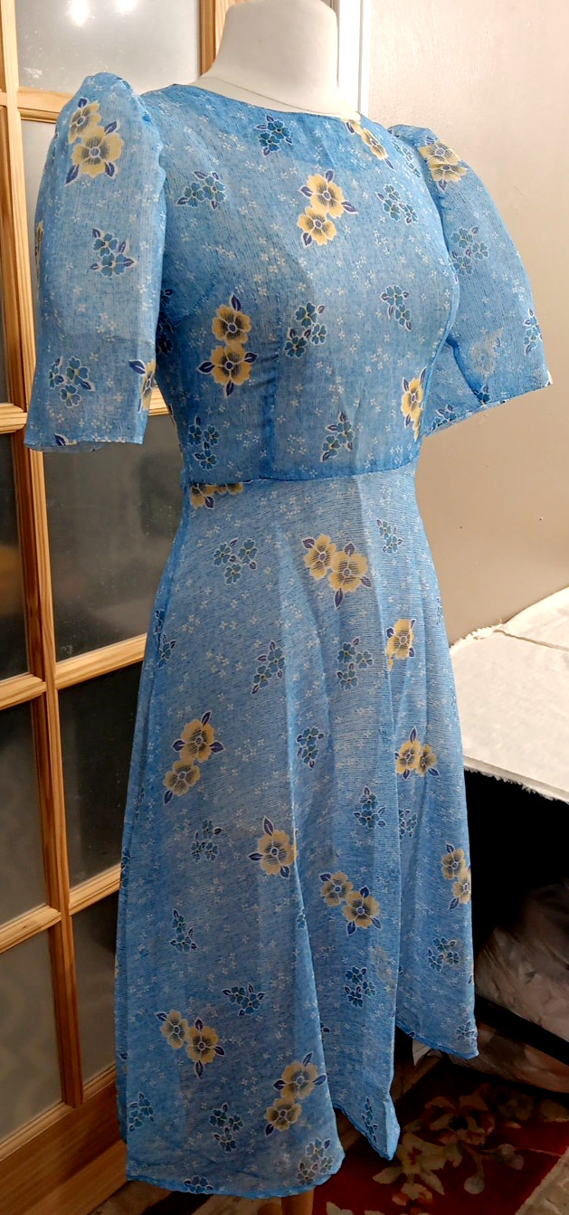 Vtg Sheer Dress Blue Floral Fit Flare Homemade Cottage Core Puff Sleeve Sz S 70s