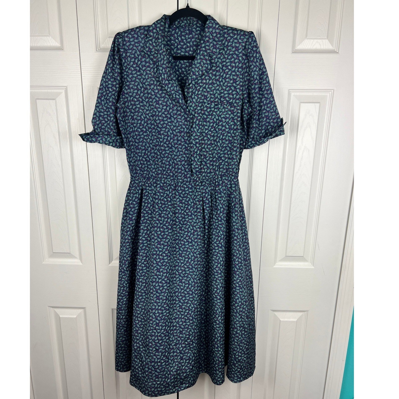 Vintage Paisley Shirtwaist Midi Dress Retro Boho Dark Academia Navy Teal Poly M