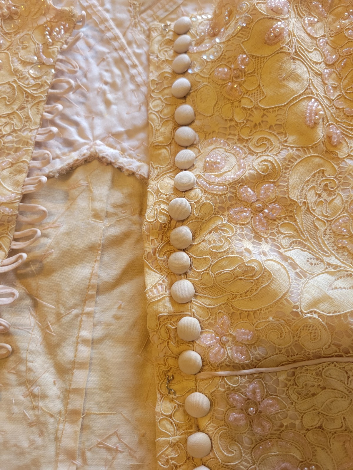 BEAUTIFUL HANDMADE 1920S 1930S NUDE BLUSH BEADED LACE WEDDING DRESS MUST SEE !