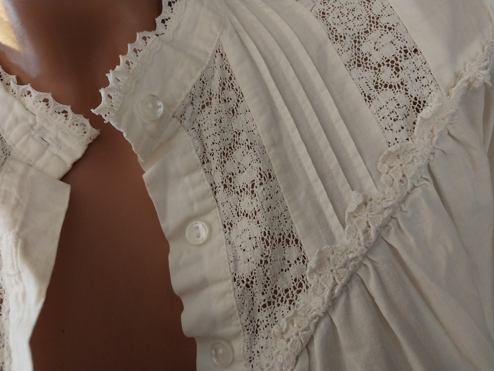Vtg COTTON GAUZE MAXI ETHEL CAIN STYLE ESQUE PRAIRIE DRESS CROCHET LACE PIN TUCK