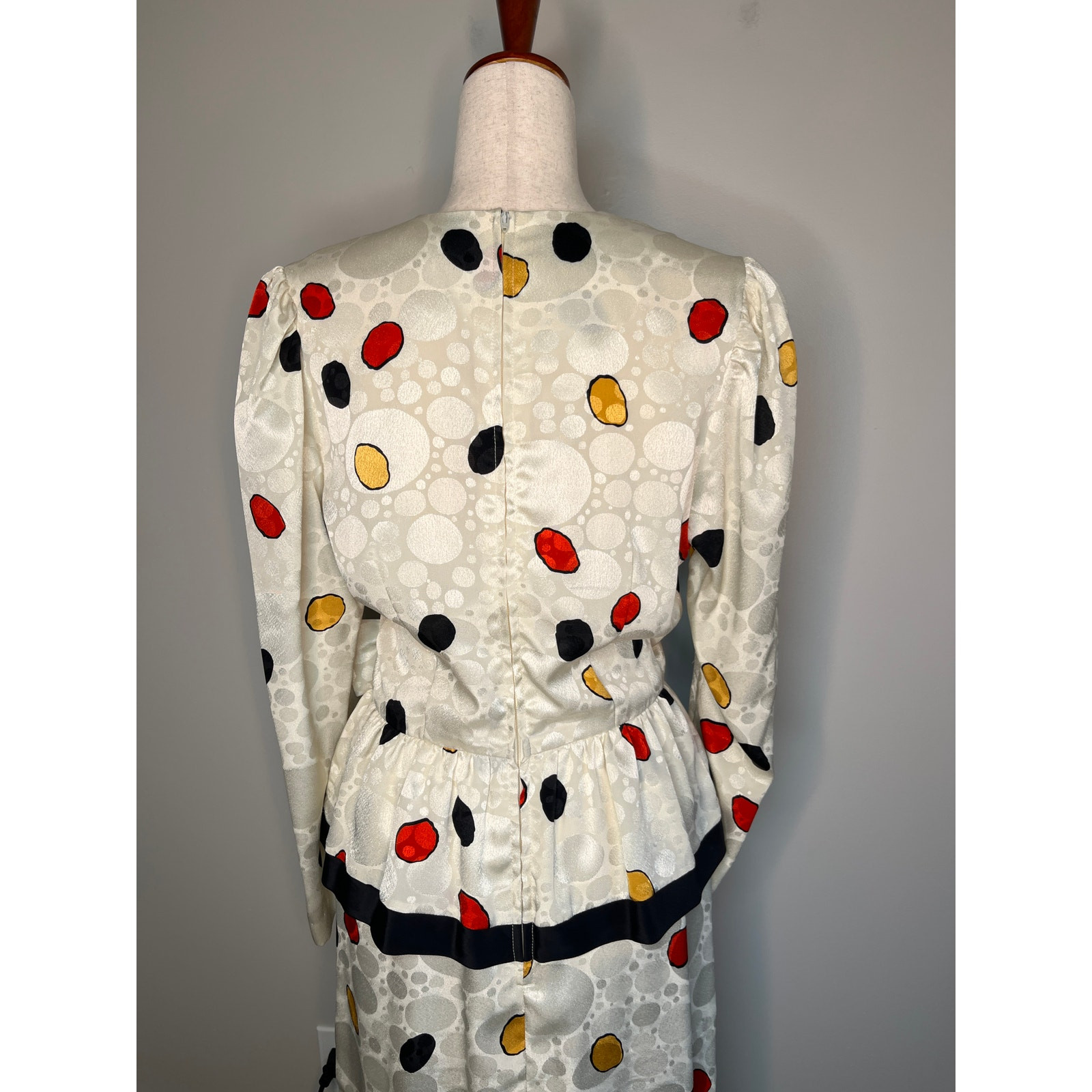 1980s Studio E Red Yellow Polka Dot Bows Maximalist Artsy Peplum Midi Dress M