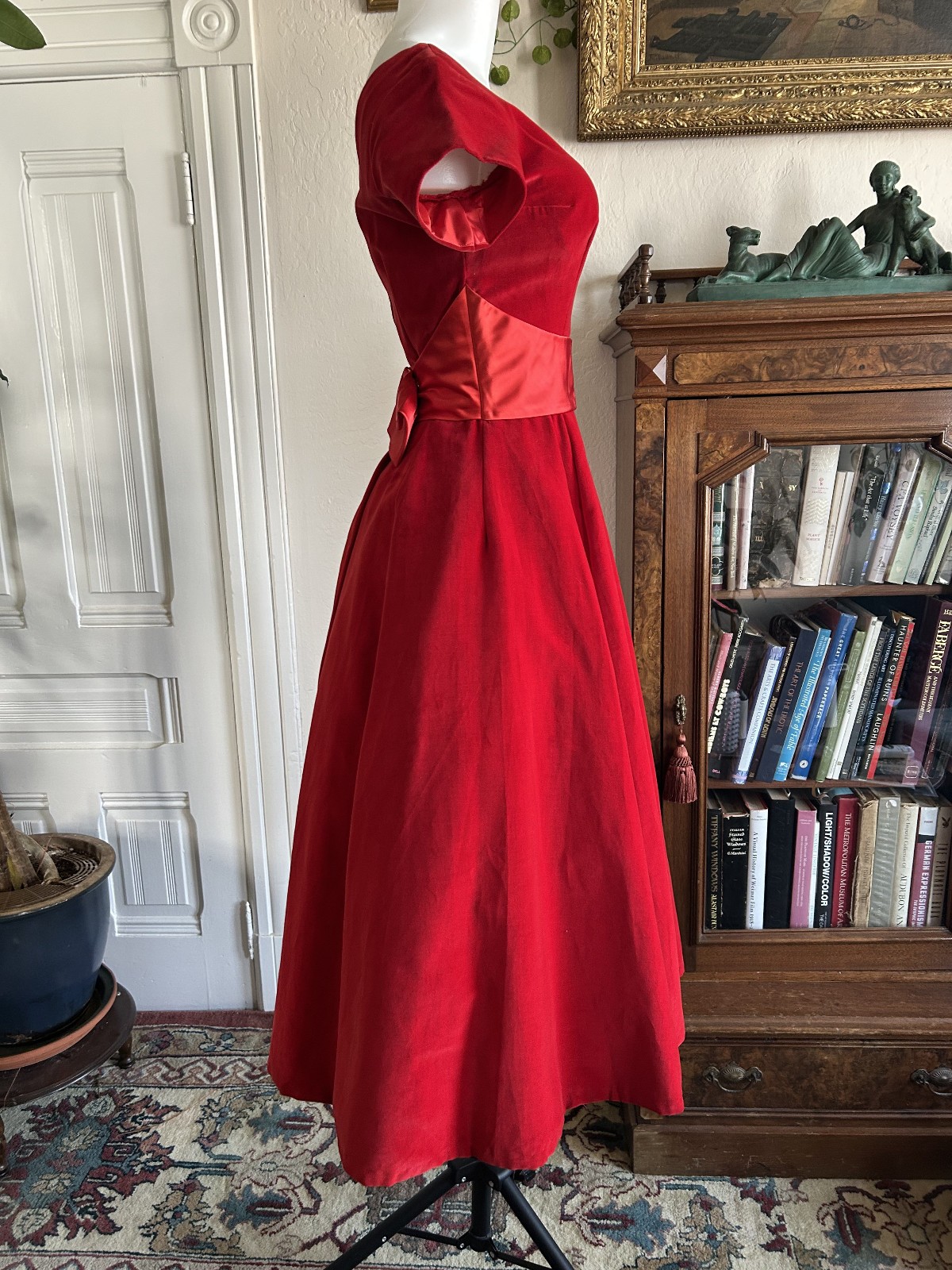 Vintage 1950s Ruby Red Velvet Party Dress Satin Sash Full Skirt XS Formal Bow
