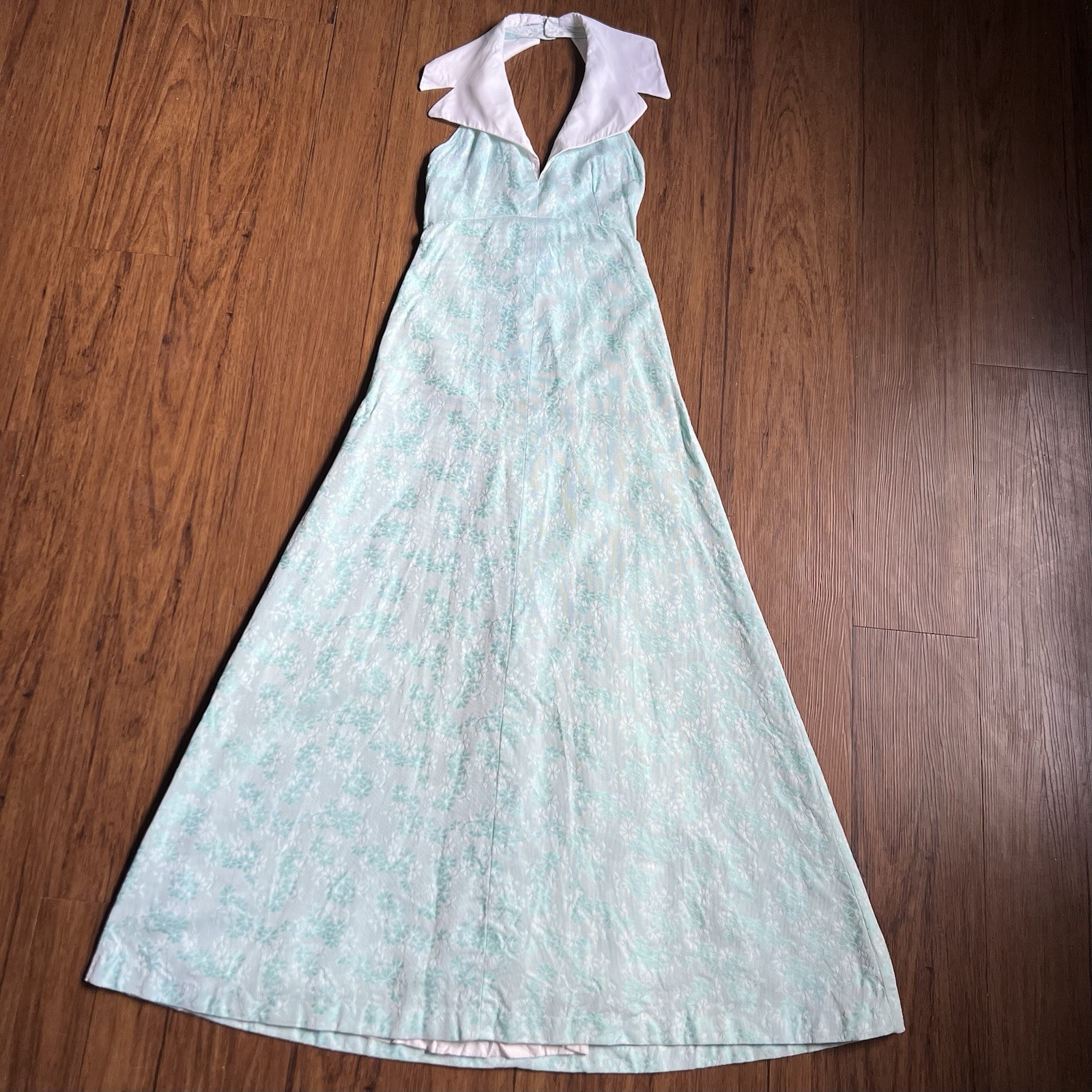 Vintage 60s 70s Maxi Dress XS Aqua White Floral Sailor Halter Jacquard Formal