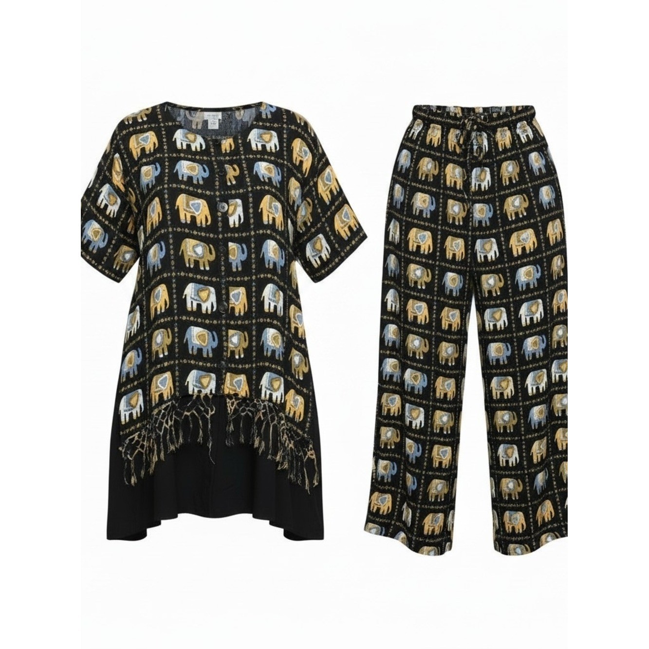 JEWEL QUEEN | Vintage Elephant Print Two-Piece Button Down Tunic Pants Set | XL