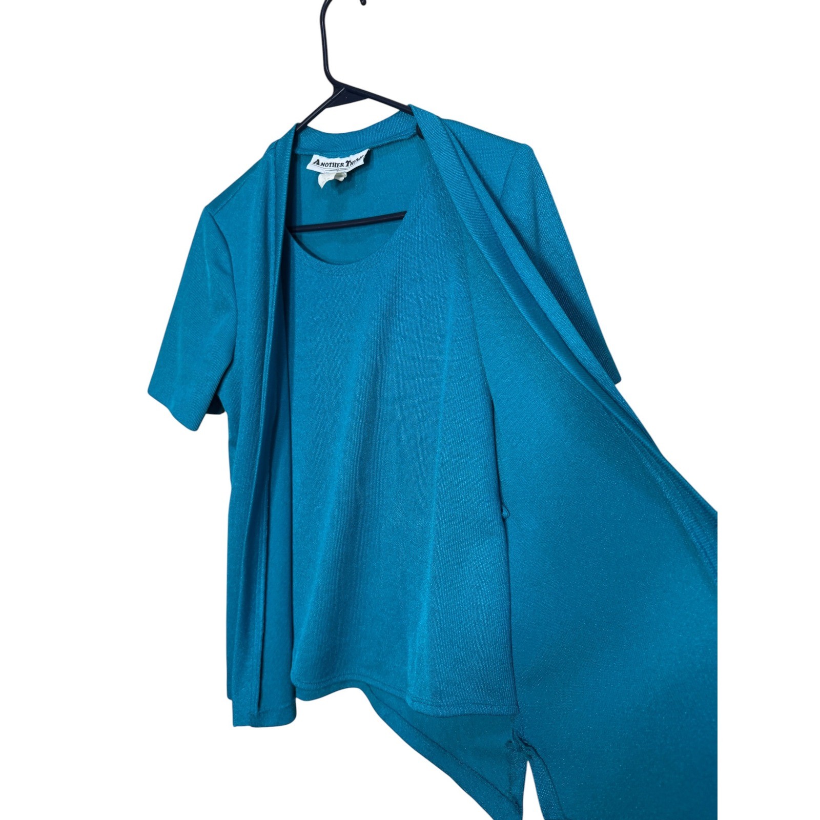 Another Thyme Vintage 2pc Skirt Suit Set Teal Blue Size 10 Made in USA Cardigan