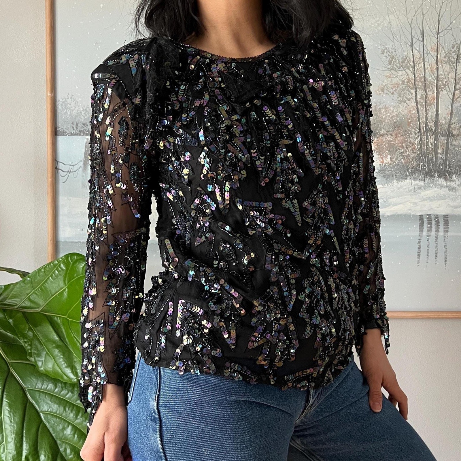 Vintage Silk Sequin Blouse Black Sheer Party Top 90s Y2K Glam Evening
