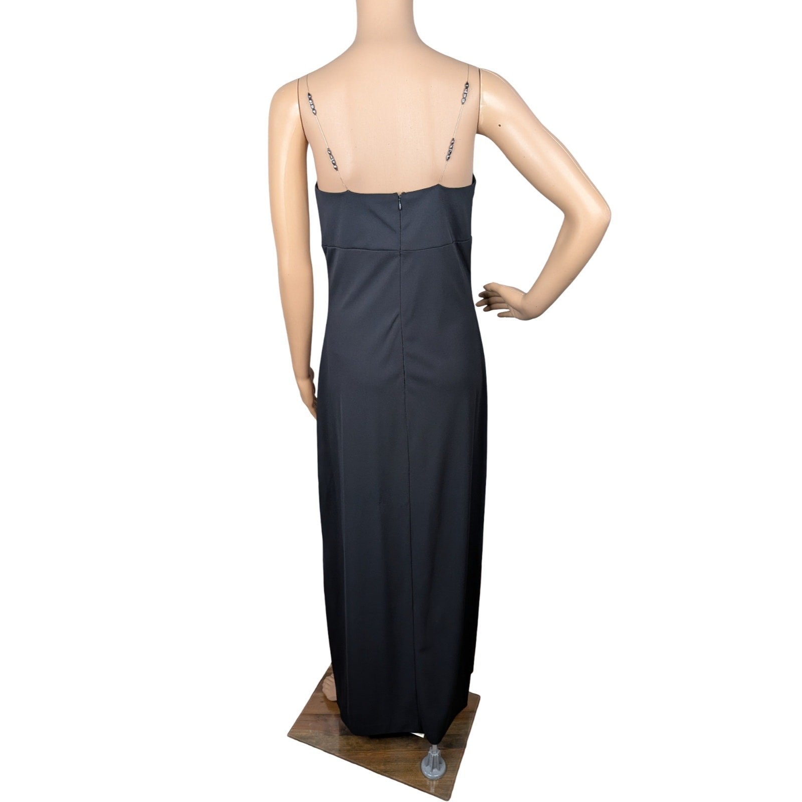 Vintage 90s Allen B Evening Black Column Gown 8 Beaded Wire Strap Slit Prom Gala