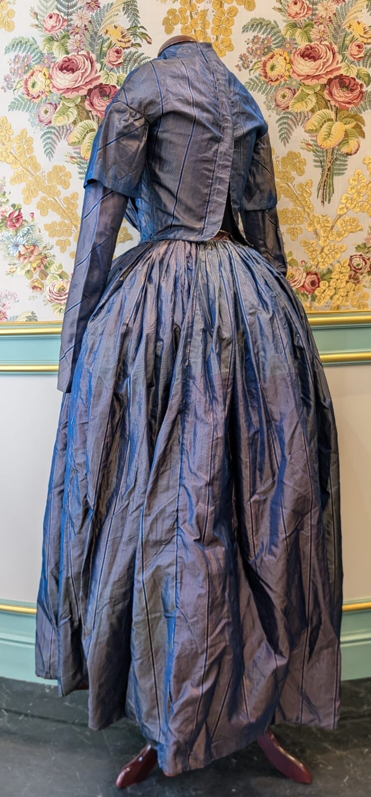 HAND SEWN 1840’S PINSTRIPED SILK TAFFETA TWO PIECE DRESS FROM OHIO ESTATE