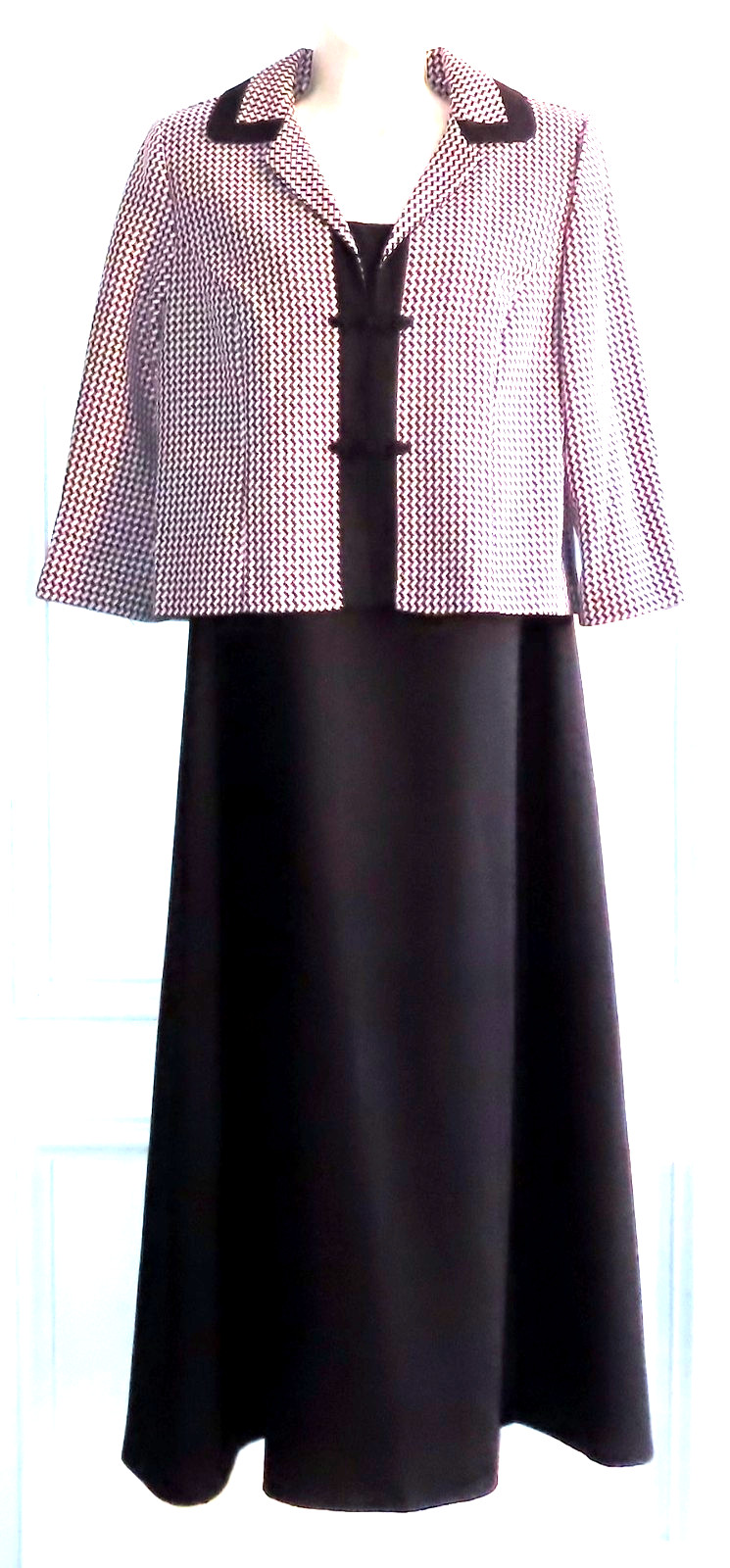 Vtg Miss Dorby Dress Suit 3/4-Sleeve Jacket & A-Line Maxi Dress, Black & Pink 12