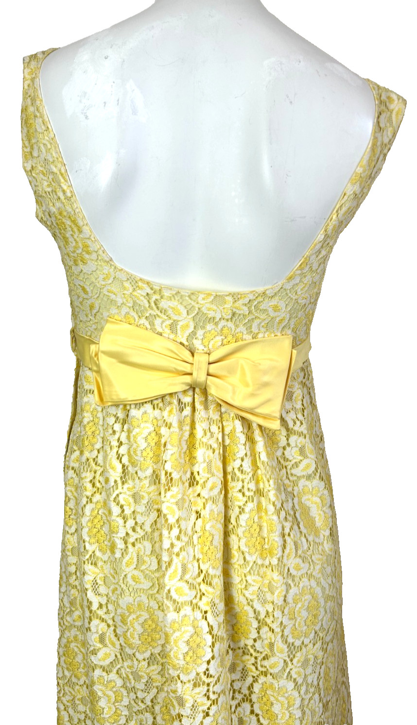 50s Lace Column Dress Size Small 4-6 Yellow Bow Backless Sleeveless Vintage VGUC